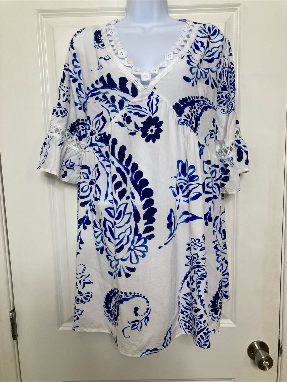 Cupshe Floral Paisley Blue White Lace Dress Cover Up Coastal Resort Beach Sz XL